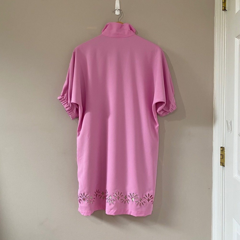Emily McCarthy Pink Poppy Tunic Dress Laser Cut Scallop Hem XS Green Gold Trim - Picture 3 of 7